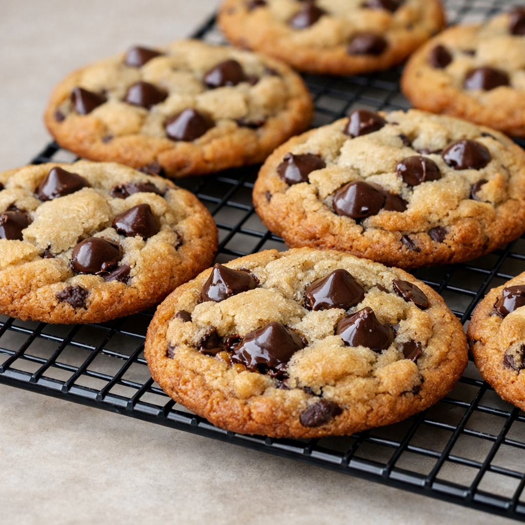 A wire rack holding warm chocolate chip cookies with soft centers and crisp edges