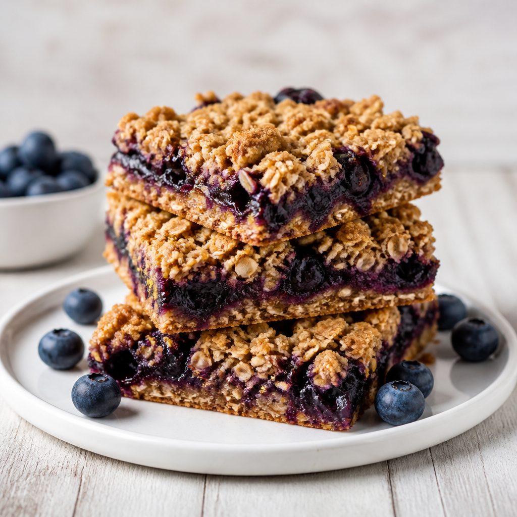 Blueberry oatmeal crumble bars stacked on a white plate with fresh blueberries scattered around on a light wood surface