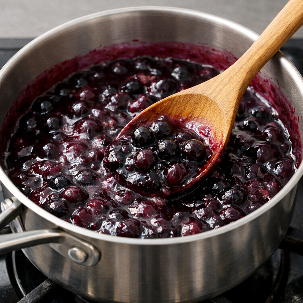 Blueberry pie filling bubbling gently in a silver saucepan on a stovetop, with a wooden spoon stirring the deep purple mixture