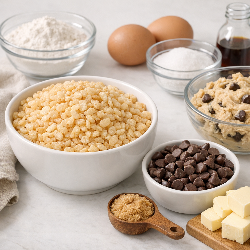 Bowl of Rice Krispies cereal next to chocolate chips and cookie dough ingredients on a white kitchen counter