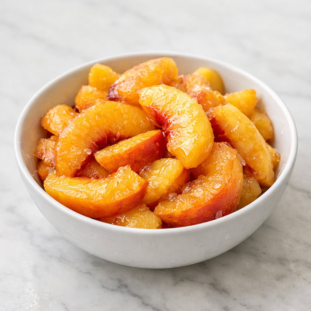 Bowl of thawing frozen peach slices on a white marble countertop at room temperature, glistening with peach juice