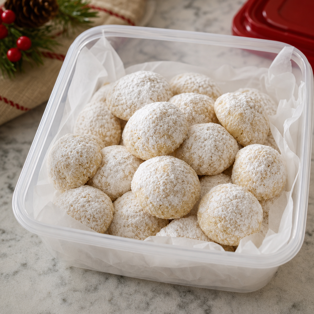 Butterball cookies dusted with powdered sugar stored in an airtight container lined with wax paper on a holiday kitchen countertop