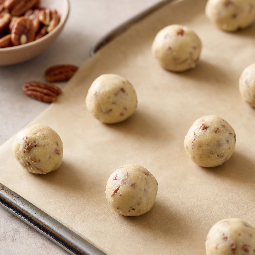 Close-up of butterball cookie dough being rolled into 1-inch balls on a parchment paper lined baking sheet with pecans nearby