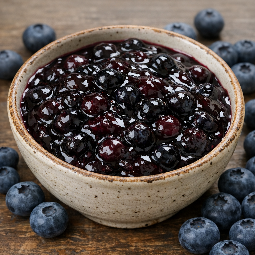 Close-up of glossy homemade blueberry pie filling in a rustic ceramic bowl, surrounded by fresh blueberries on a wooden surface
