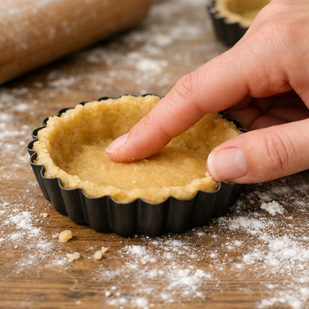 Close-up of golden brown shortbread tart crust being pressed into a mini tart pan on a floured wooden surface
