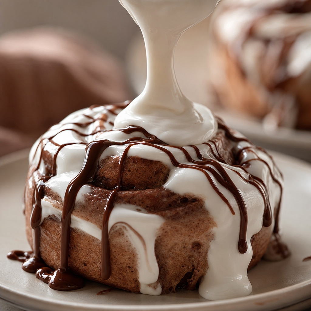 Close-up of a hot cocoa cinnamon roll being frosted with glossy white marshmallow fluff icing, with melted chocolate drizzle on top