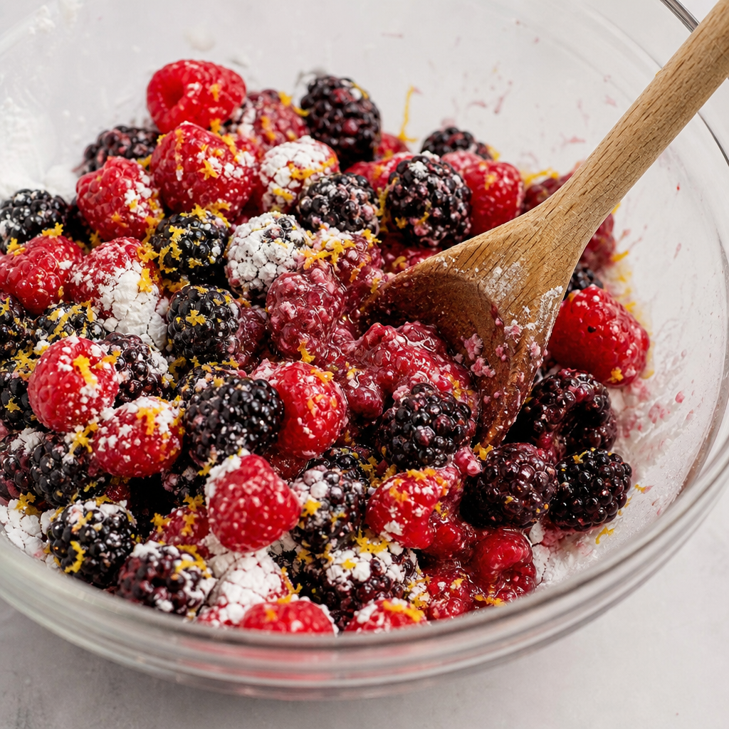 Close-up of razzleberry pie filling in a large glass bowl, showing fresh red raspberries, juicy blackberries, sugar, lemon zest, and cornstarch being stirred together with a wooden spoon