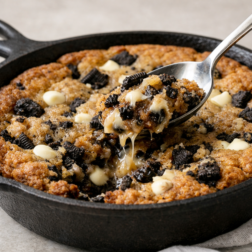 Close-up side view of a cast iron skillet cookie with gooey center, crisp edges, visible white chocolate chips and crushed Oreos, with a spoon scooping into the warm cookie