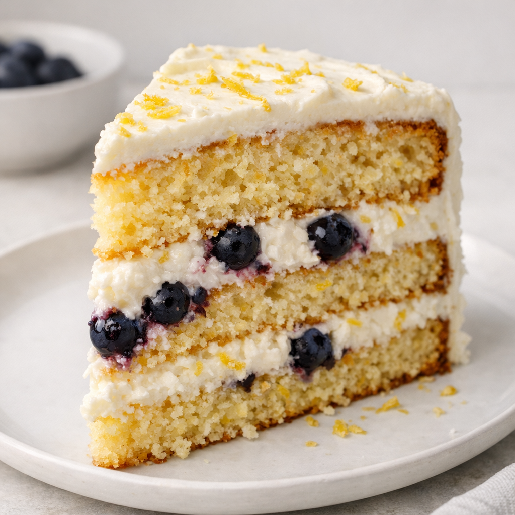 Close-up of a slice of lemon blueberry mascarpone layer cake on a white plate showing fluffy white mascarpone filling, blueberries between layers, and a crackly golden cake crumb with lemon zest visible