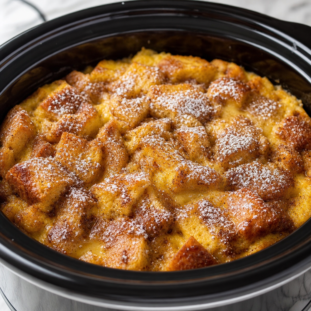 French toast casserole cooking in a crockpot slow cooker, golden and custardy, topped with cinnamon sugar and powdered sugar