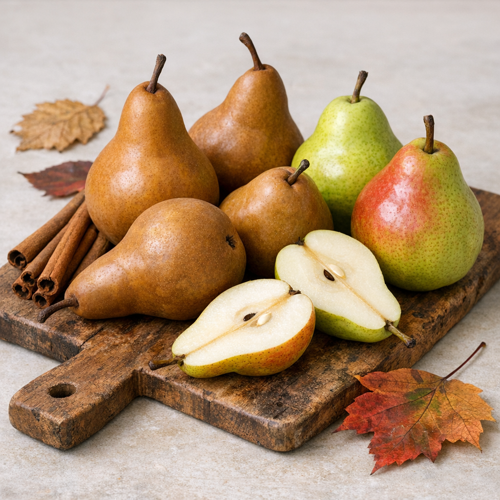 Fresh Bosc and Bartlett pears on a rustic wooden cutting board with cinnamon sticks and autumn leaves