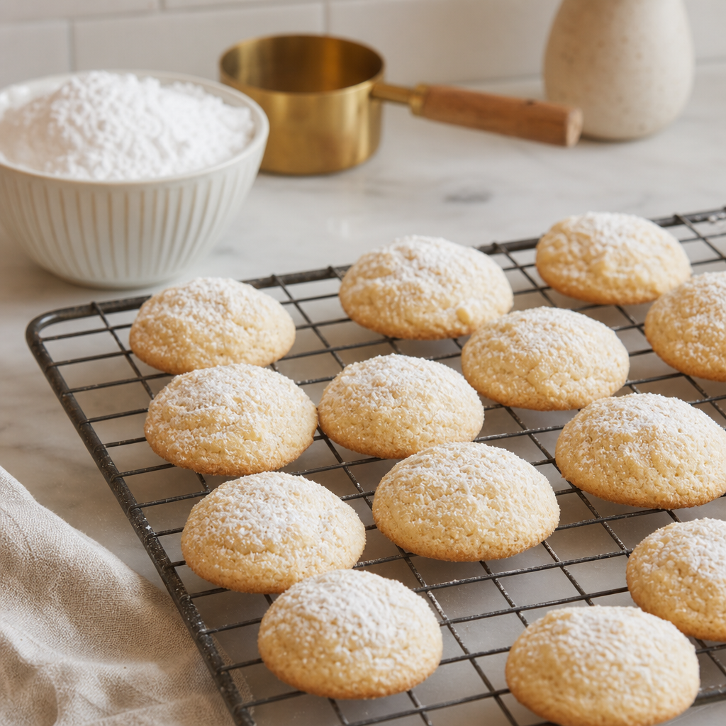 Freshly baked butterball cookies cooling on a wire rack with a bowl of powdered sugar and a measuring cup nearby in a cozy kitchen