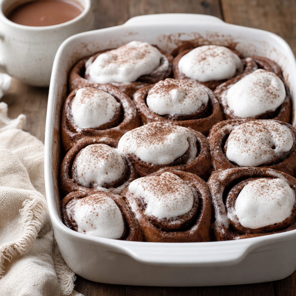 Freshly baked hot cocoa cinnamon rolls topped with white marshmallow frosting in a ceramic baking dish on a rustic wooden table