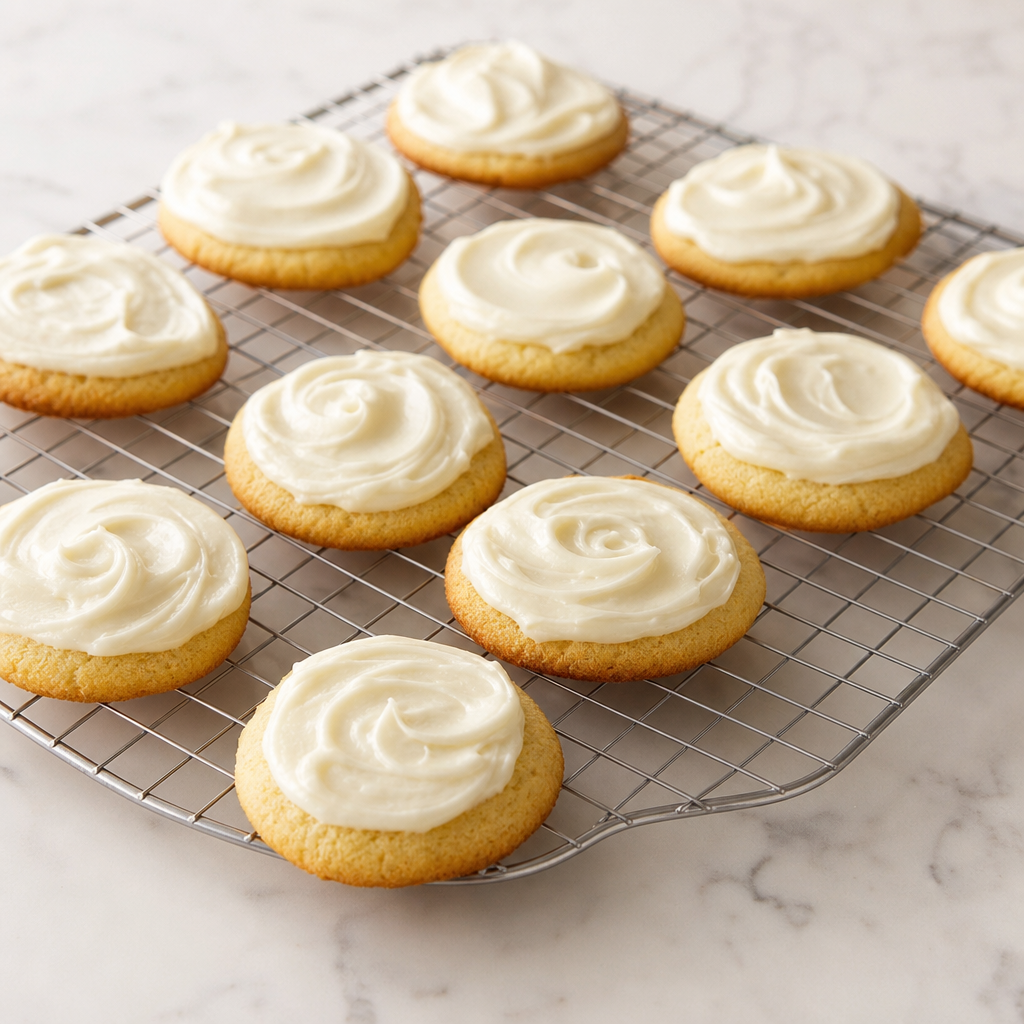 Freshly baked keto sugar cookies on a wire rack, golden brown edges, decorated with white sugar-free frosting on a white marble countertop