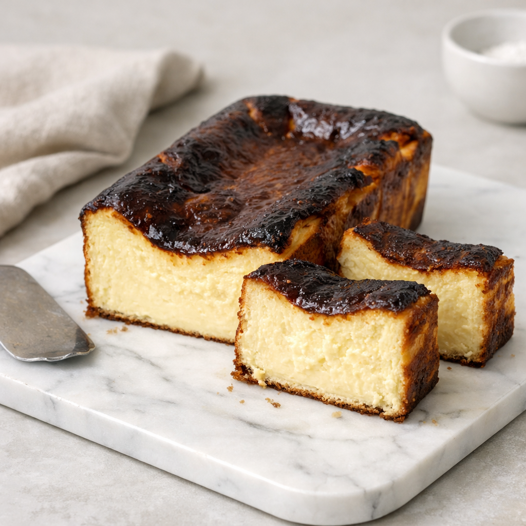 Golden brown loaf pan basque cheesecake sliced on a white marble board showing creamy interior and deeply caramelized top