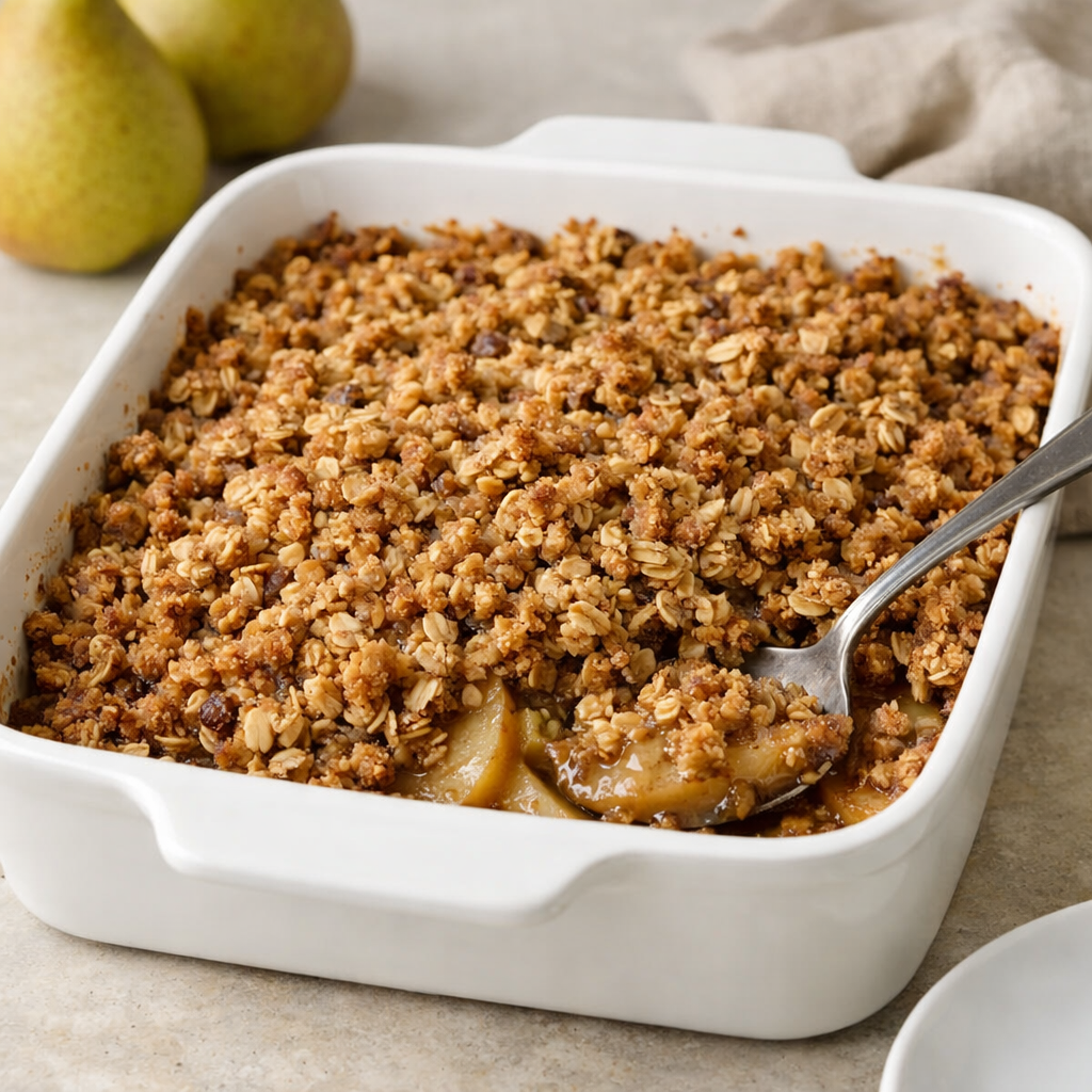 Golden brown pear crisp with crunchy oat topping fresh out of the oven in a white baking dish