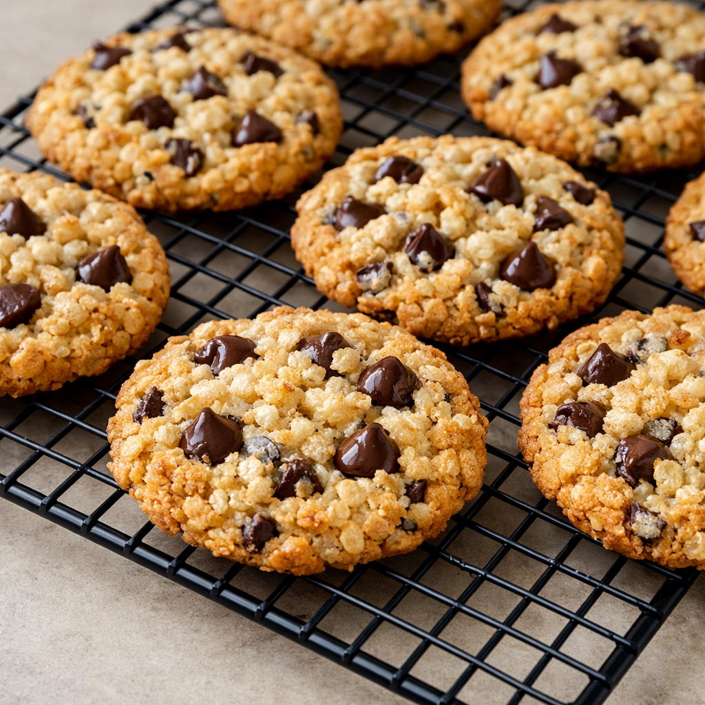 Golden brown rice krispie chocolate chip cookies cooling on a wire rack with crispy cereal texture visible