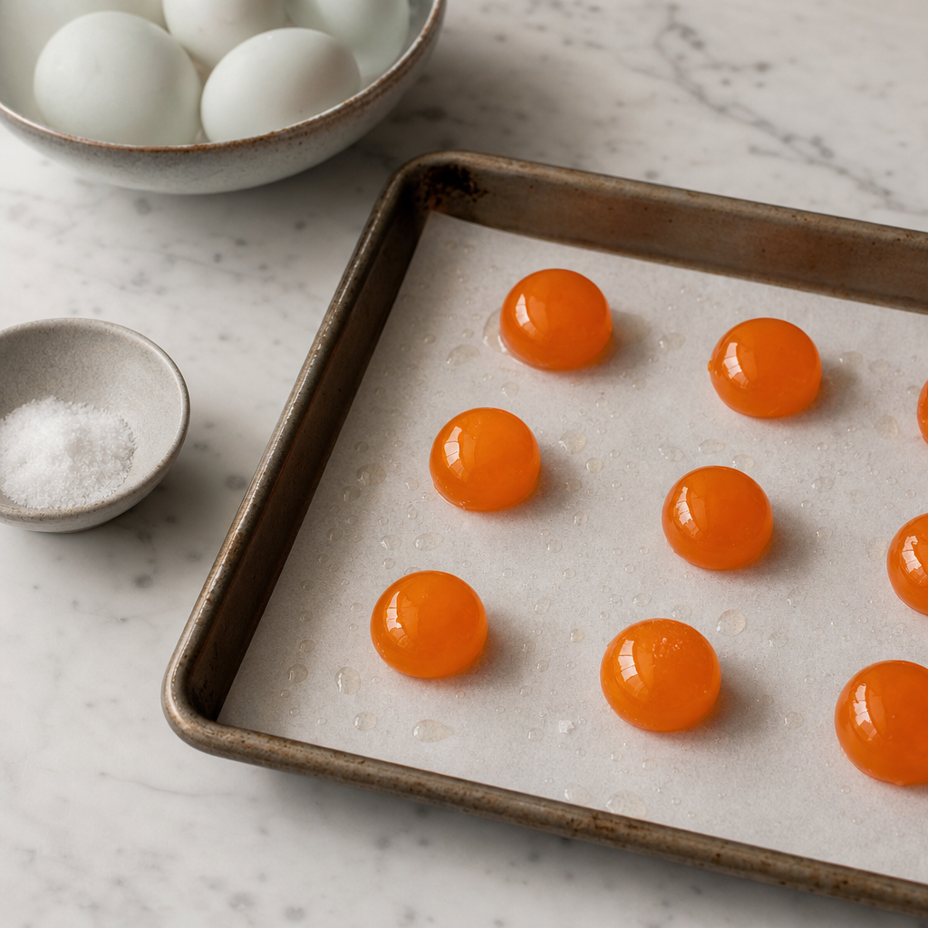 Golden salted duck egg yolks on parchment paper on a baking sheet, lightly oiled and ready to be baked, with raw duck eggs and a small bowl of salt nearby on a marble countertop