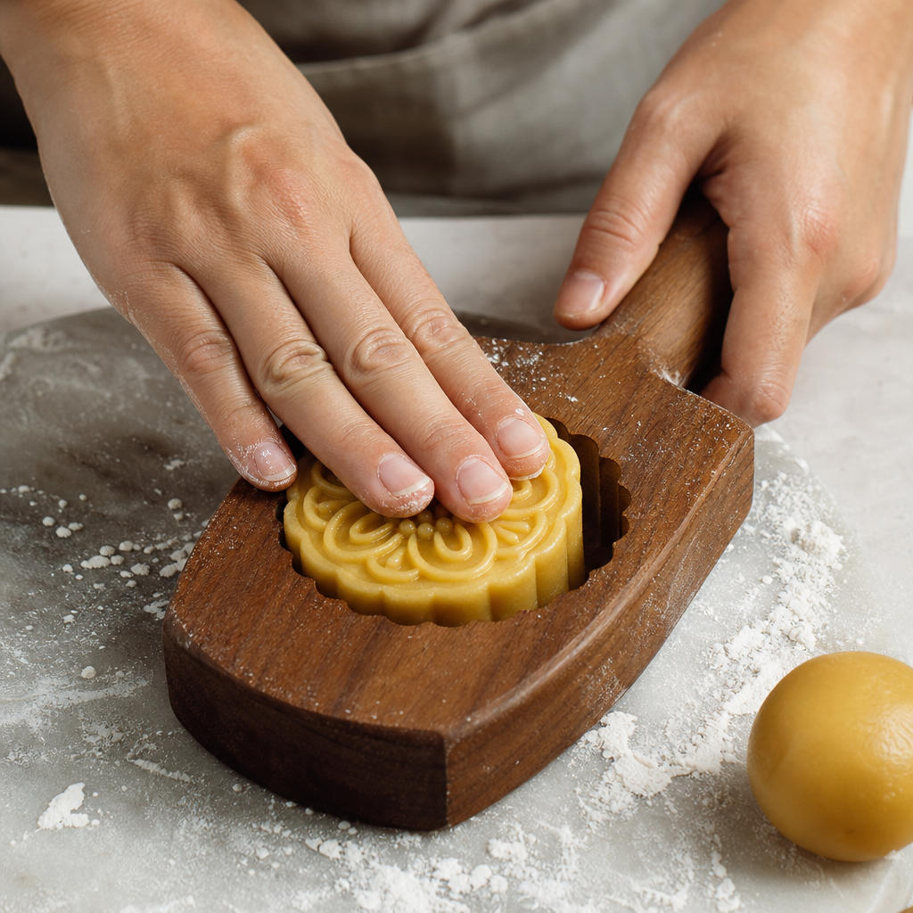 Hands pressing mooncake dough ball into a wooden mooncake mold on a floured surface, showing the intricate floral pattern being imprinted on top of the unbaked mooncake