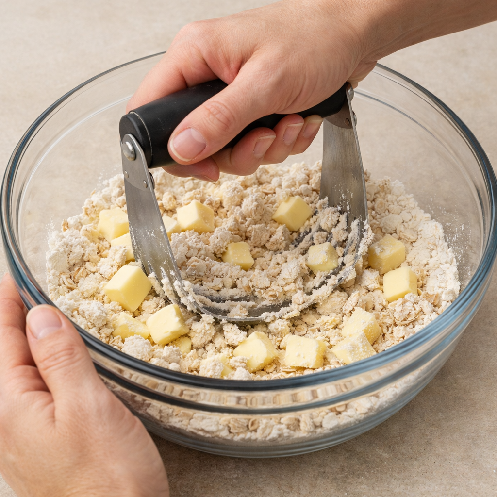 Hands using a pastry cutter to blend cold butter into a flour and oat crisp topping mixture in a glass mixing bowl