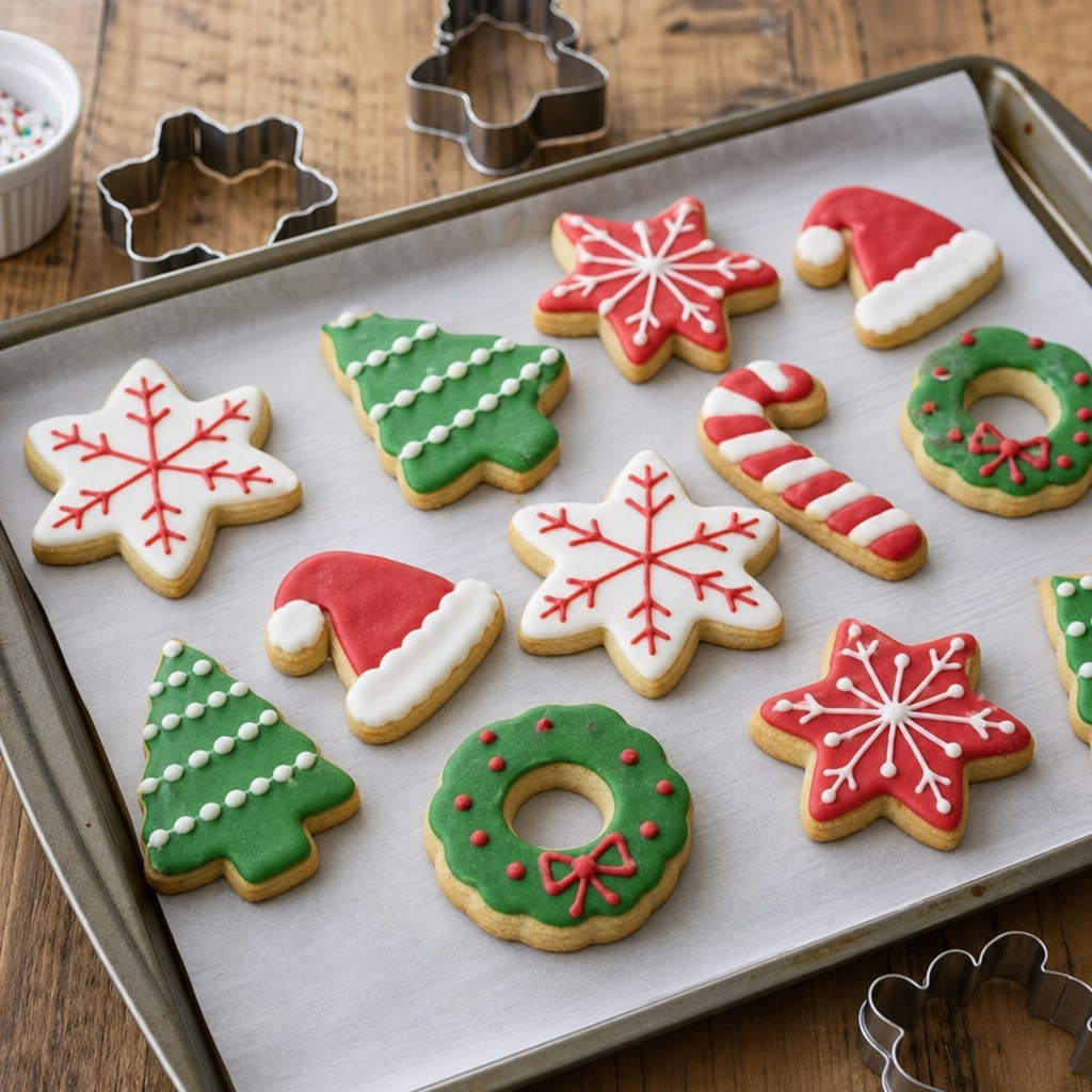 Keto cut-out sugar cookies in holiday shapes on a parchment-lined baking sheet, decorated with sugar-free icing, surrounded by cookie cutters on a wooden table