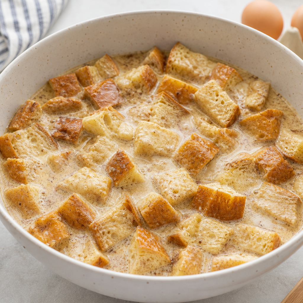 Large mixing bowl filled with cubed brioche bread soaking in a creamy cinnamon egg and milk mixture for crockpot french toast casserole