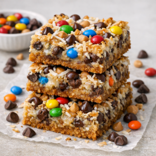 Monster Magic Cookie Bars are the ultimate mashup dessert — gooey, chewy, and loaded with chocolate chips, M&Ms, and peanut butter. You HAVE to make these!