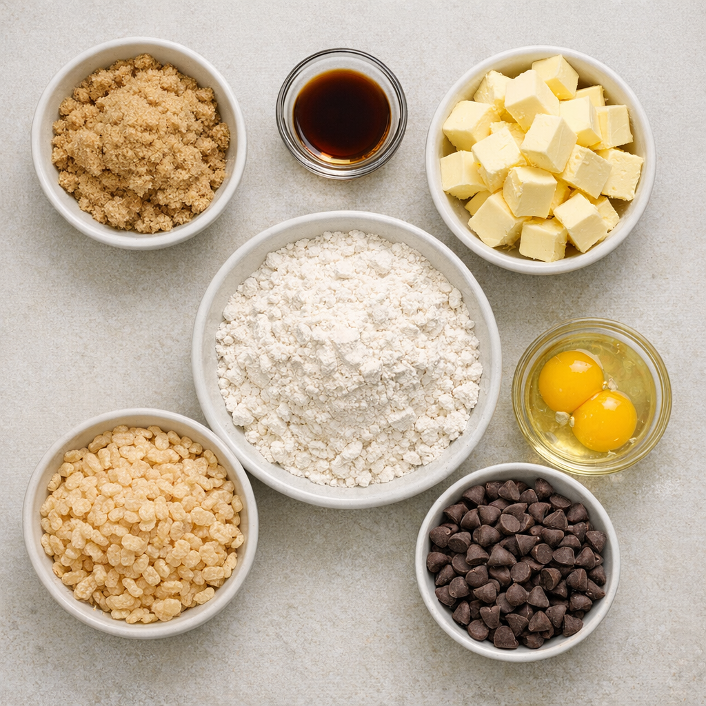 Overhead flat lay of rice krispie chocolate chip cookie ingredients including brown sugar, butter, flour, vanilla extract, and chocolate chips