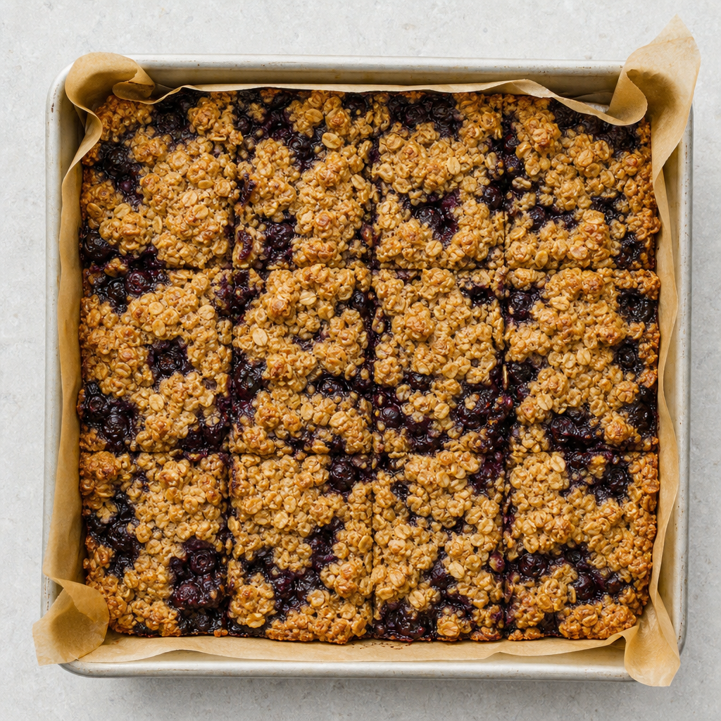 Overhead shot of blueberry oatmeal bars in a parchment-lined baking pan fresh from the oven, golden brown crumble top with jammy blueberry filling