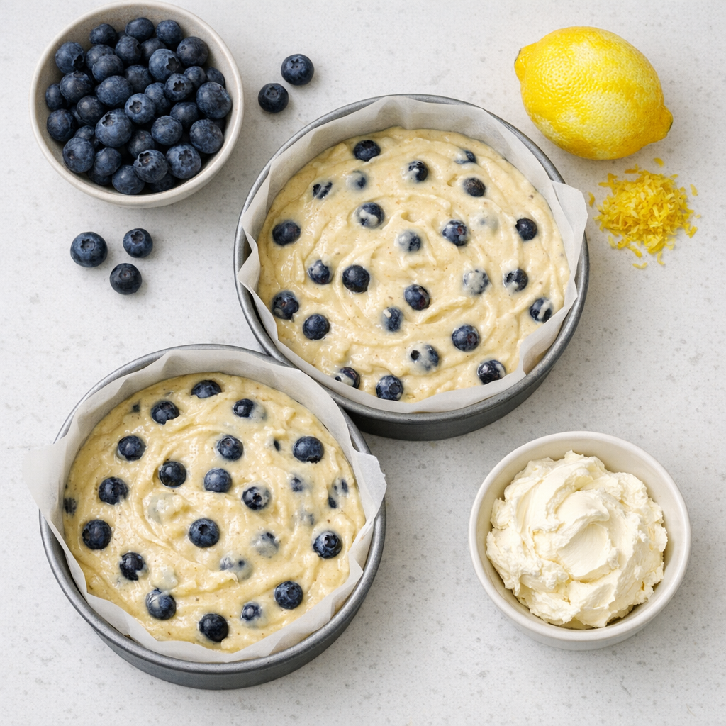 Overhead shot of lemon blueberry cake batter in two round cake pans lined with parchment paper, surrounded by fresh blueberries, a zested lemon, and a small bowl of mascarpone cheese on a white kitchen counter