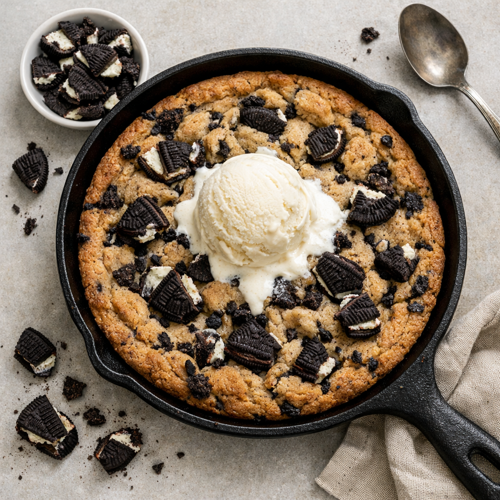 Overhead shot of a warm cookies and cream skillet cookie in a cast iron skillet with a scoop of vanilla ice cream melting on top and crushed Oreos scattered around