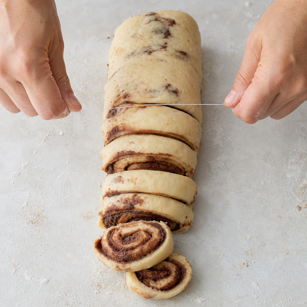 Overhead view of chocolate-filled cinnamon roll dough being sliced with dental floss on a lightly floured surface