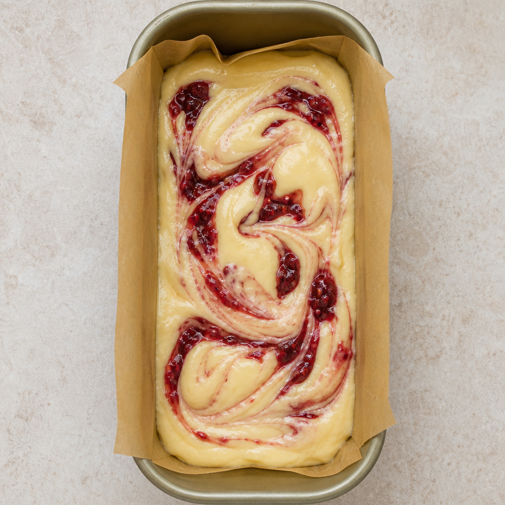 Overhead view of raspberry pound cake batter in a parchment-lined loaf pan with raspberry jam swirl visible on top before baking