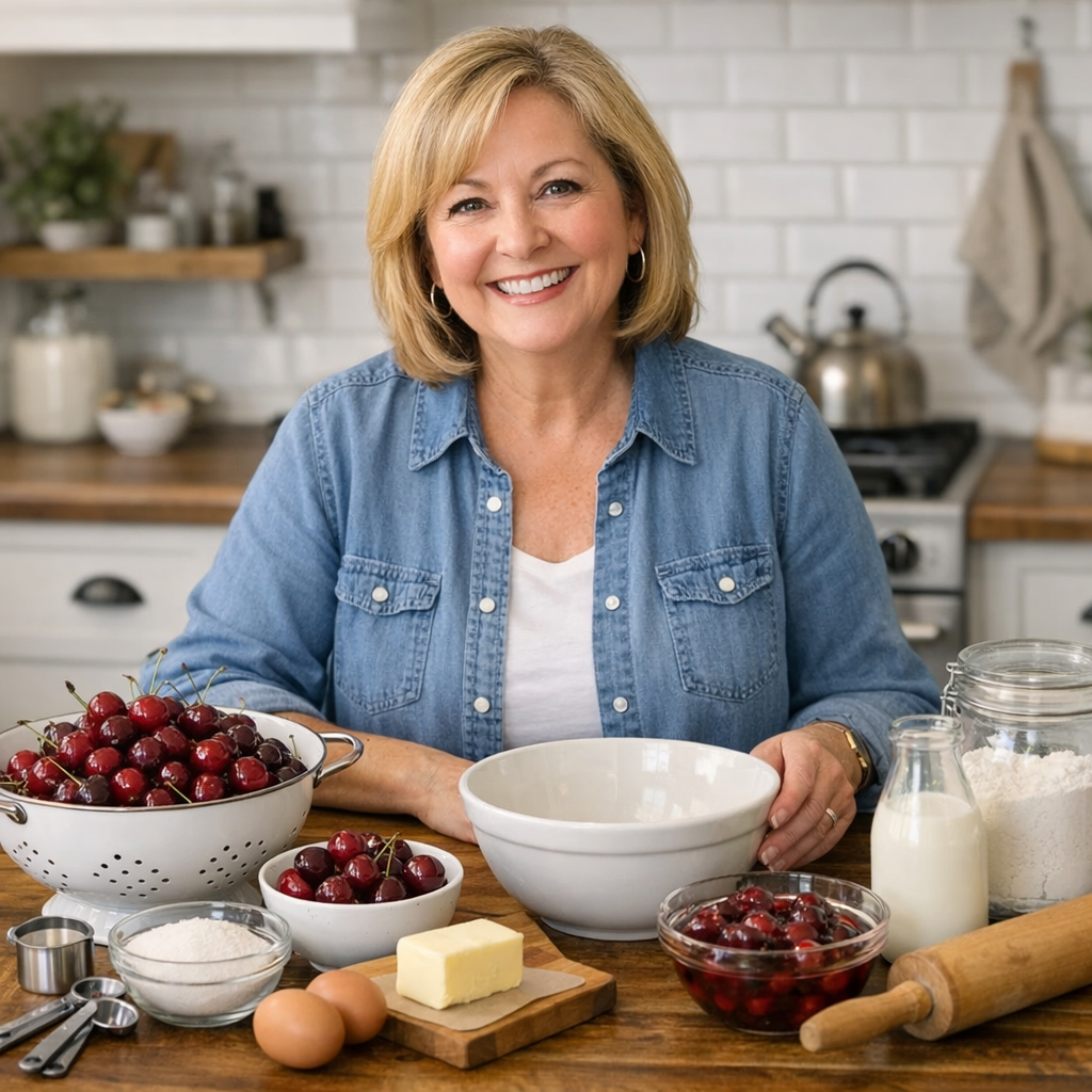 Sheila Thigpen smiling in a cozy kitchen surrounded by fresh cherries and baking supplies on a wooden countertop