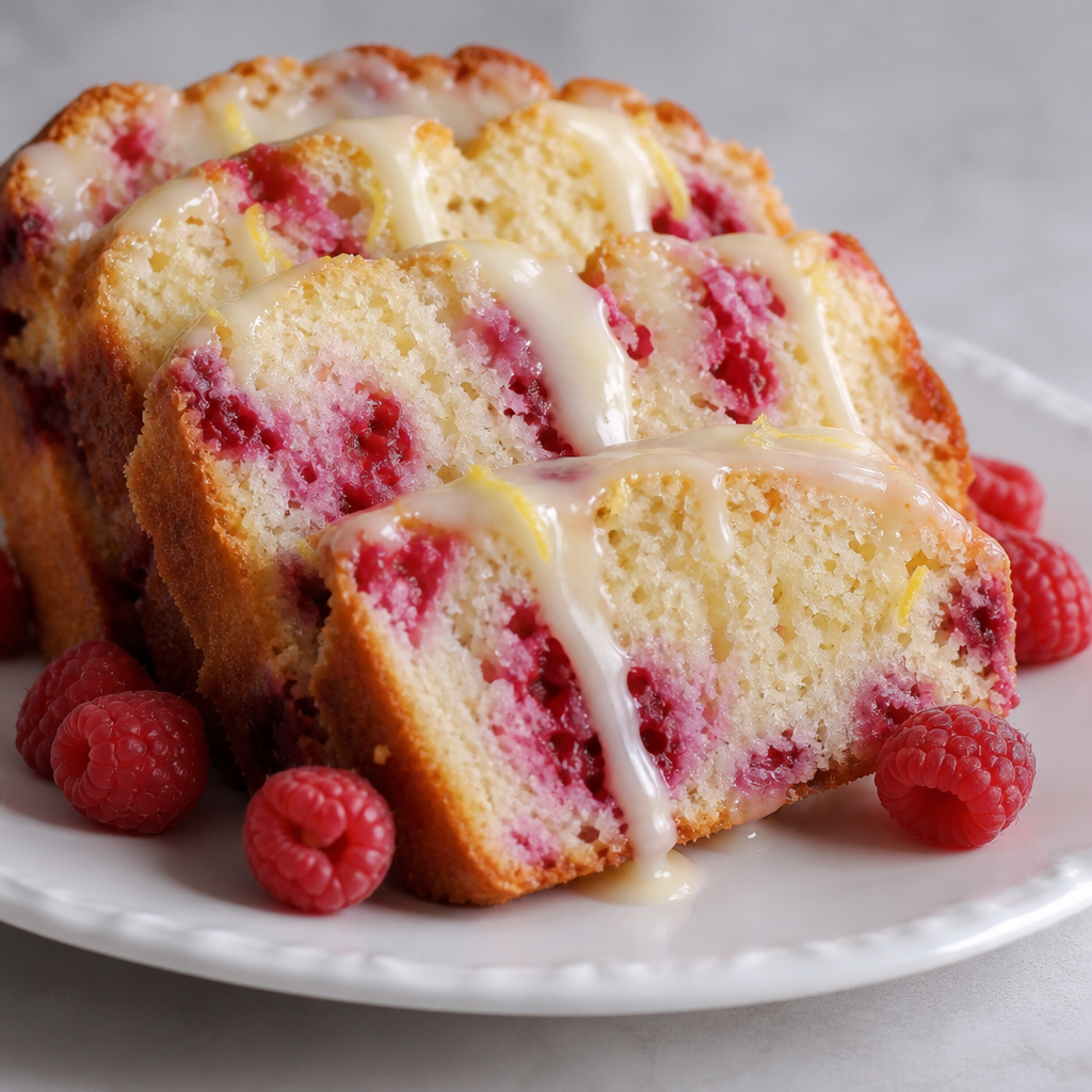 Sliced raspberry pound cake with lemon cream swirl sauce drizzled on top, plated on a white ceramic dish with fresh raspberries scattered around