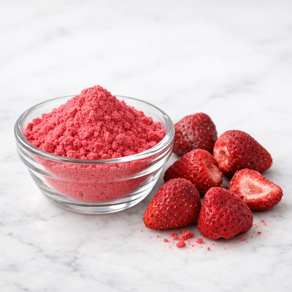 Small glass bowl filled with vibrant pink freeze-dried strawberry powder on a white marble countertop beside whole freeze-dried berries