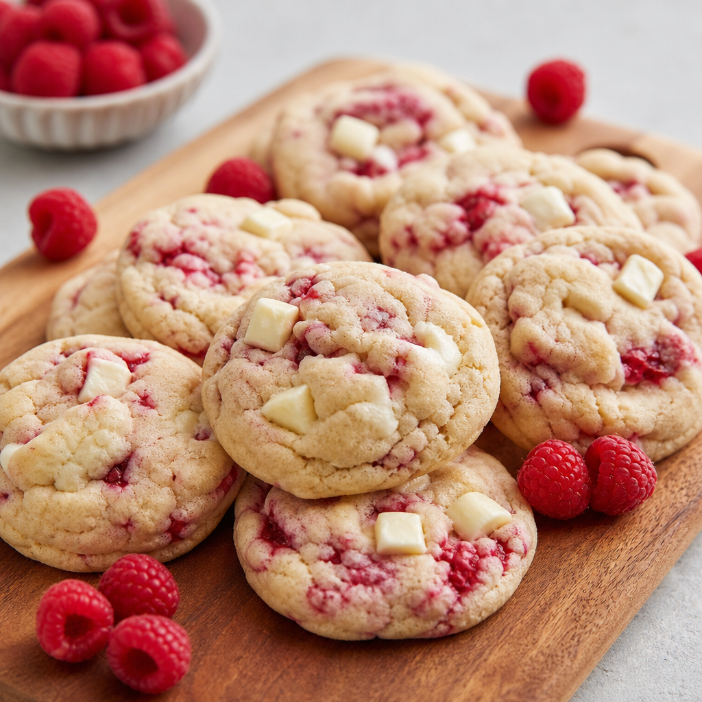 Soft and chewy white chocolate raspberry cheesecake cookies on a wooden board with fresh raspberries scattered around