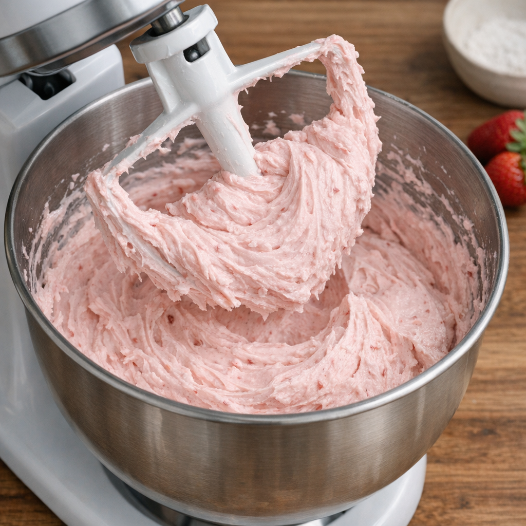 Stand mixer bowl with fluffy pink strawberry cream cheese frosting being mixed with a paddle attachment on a wooden kitchen counter