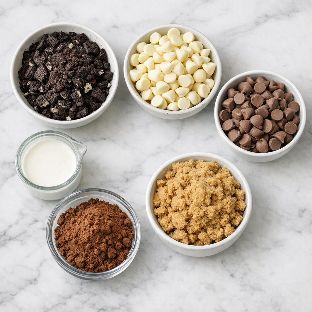 Step-by-step flat lay of cookies and cream pizookie ingredients including crushed Oreos, white chocolate chips, milk chocolate chips, cocoa powder, and brown sugar arranged on a white marble countertop