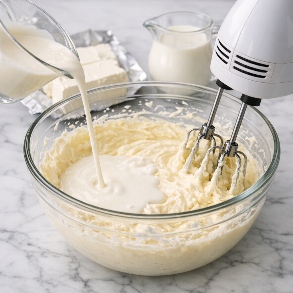Step-by-step process of making basque cheesecake batter in a large bowl with electric hand mixer, cream cheese and heavy cream on marble counter