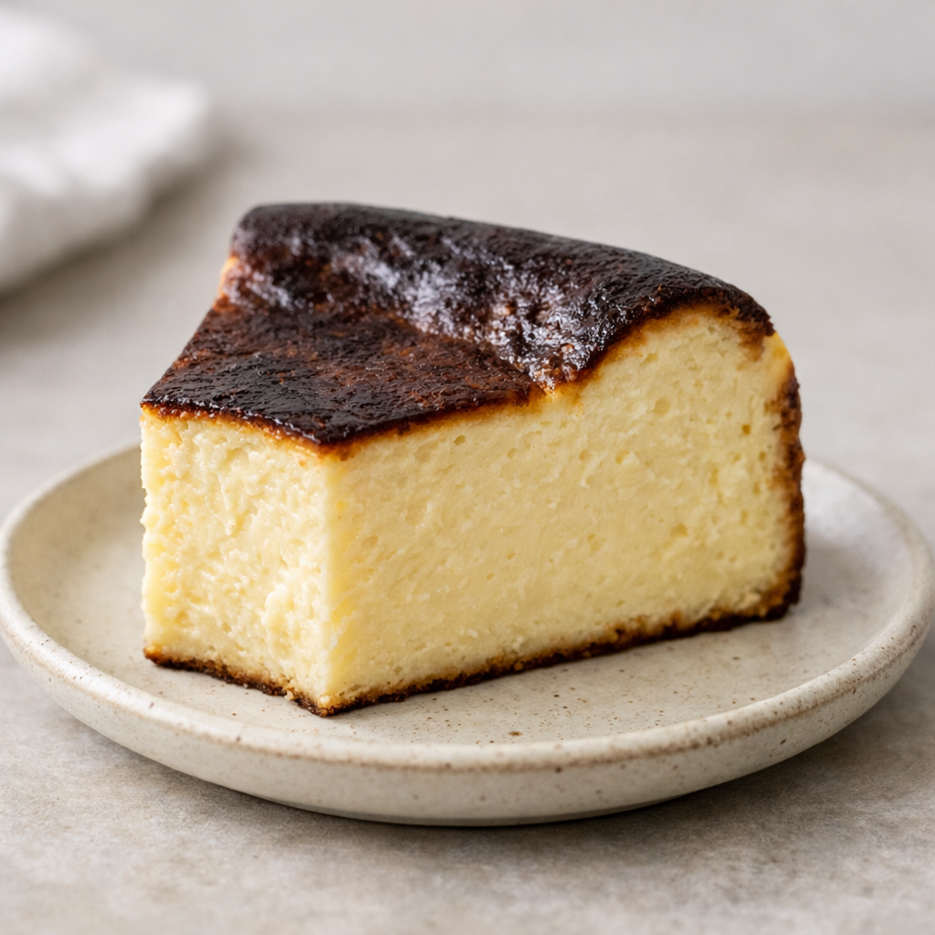 Thick slice of loaf pan basque cheesecake on a small ceramic plate showing burnt caramelized top and ultra-creamy pale yellow interior