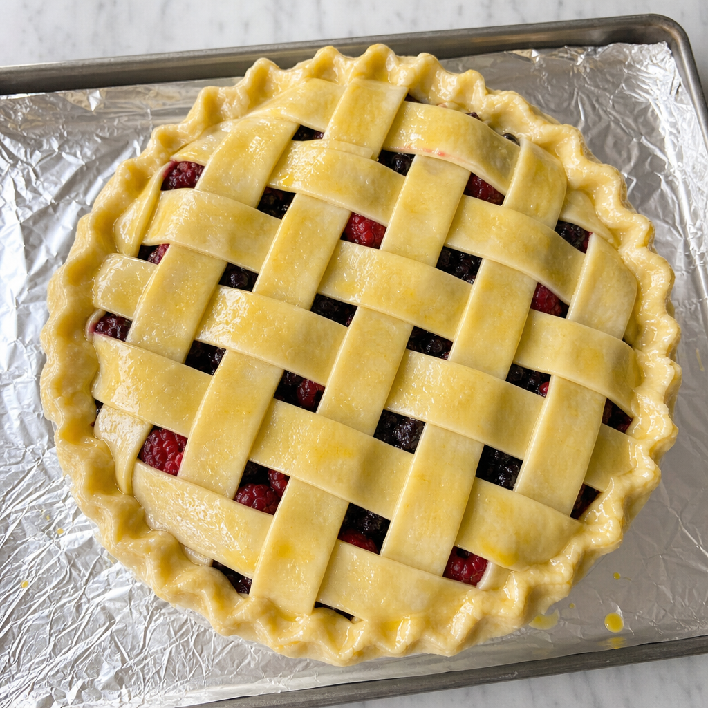 Unbaked homemade razzleberry pie with a woven lattice crust on a foil-lined baking sheet, brushed with egg wash, ready to go into the oven
