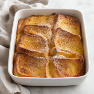 This baked french toast recipe is SO dreamy! Thick bread, cinnamon streusel & caramel syrup make it the ultimate brunch showstopper. 🍞✨