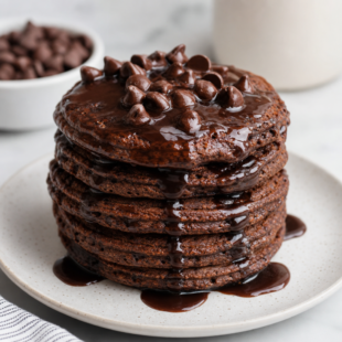 Brownie batter pancakes are your new favorite breakfast obsession! Fudgy, fluffy & totally decadent. You HAVE to make these! 🍫🥞