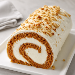 This carrot cake roll is soaked in caramel & swirled with fluffy cream cheese frosting. The dreamiest Easter dessert ever — you HAVE to make it!