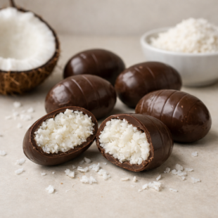 These homemade chocolate coconut eggs are SO easy & ready in 30 minutes! Sweet, creamy filling wrapped in a dreamy chocolate shell. 🥥🍫