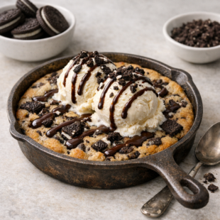 This cookies and cream pizookie is gooey, fudgy & loaded with Oreos! One bite and you'll be hooked. Grab your skillet — let's bake! 🍪