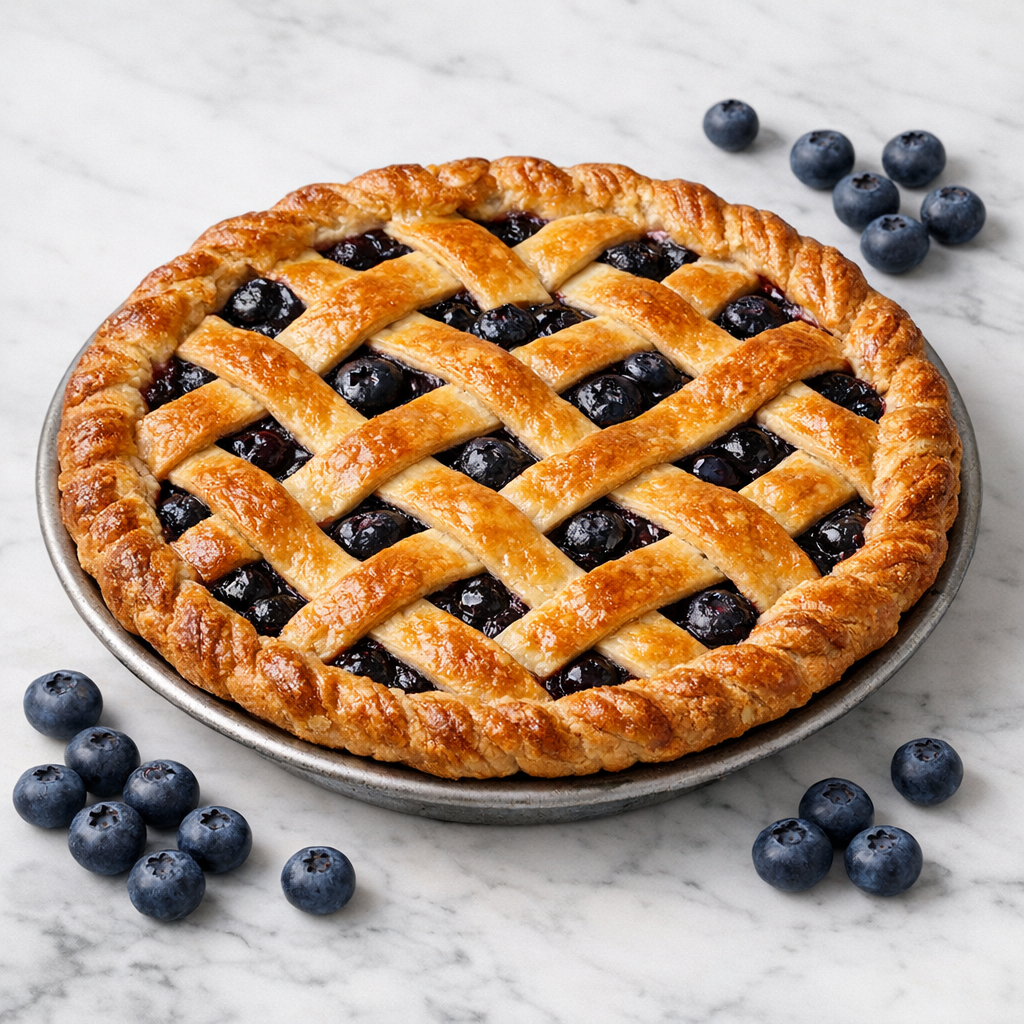 A finished blueberry pie with golden brown lattice crust on a white marble countertop, with fresh blueberries scattered around it