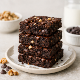 Craving chocolate without the guilt? This healthy brownie recipe is fudgy, delicious & so easy to make! No refined sugar, no butter. You have to try these! 🍫