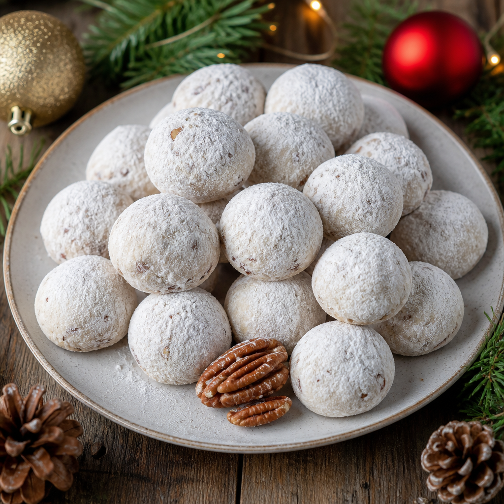 A plate of round powdered sugar-coated butterball cookies with pecans on a rustic wooden table surrounded by holiday decorations